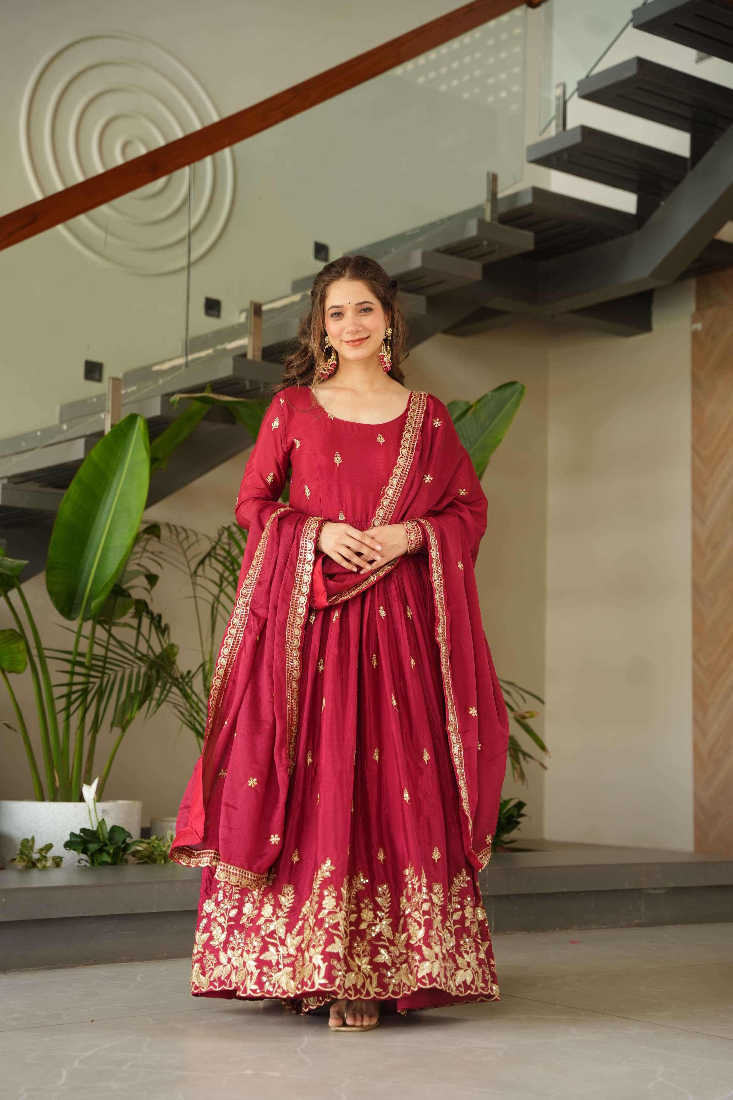 DESIGNER PARTY WEAR CHINON RED ANARKALI GOWN SALWAR SUIT LONG GOWN KU 1166 A