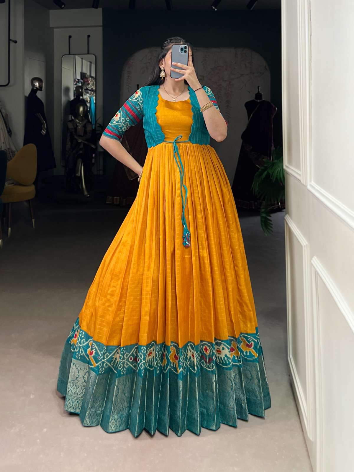 DESIGNER PARTY WEAR FANCY SILK YELLOW ANARKALI GOWN SALWAR SUIT LONG GOWN YNF 5028 D