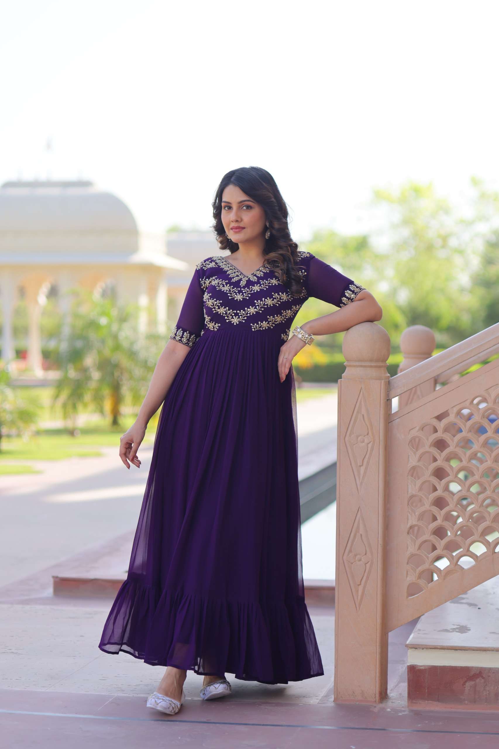 DESIGNER PARTY WEAR FAUX BLOOMING PURPLE ANARKALI GOWN SALWAR SUIT LONG GOWN KU 1172 A