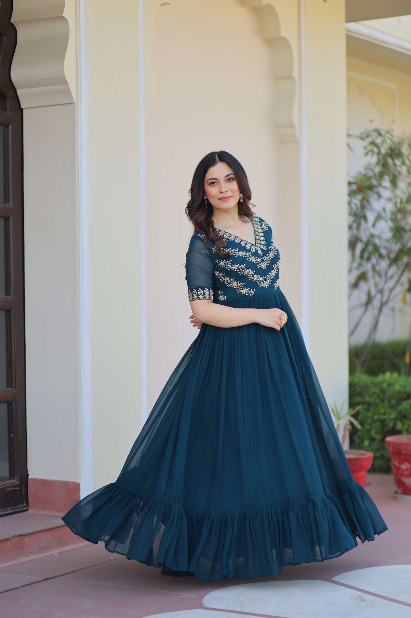 DESIGNER PARTY WEAR FAUX BLOOMING TEAL BLUE ANARKALI GOWN SALWAR SUIT LONG GOWN KU 1172 B