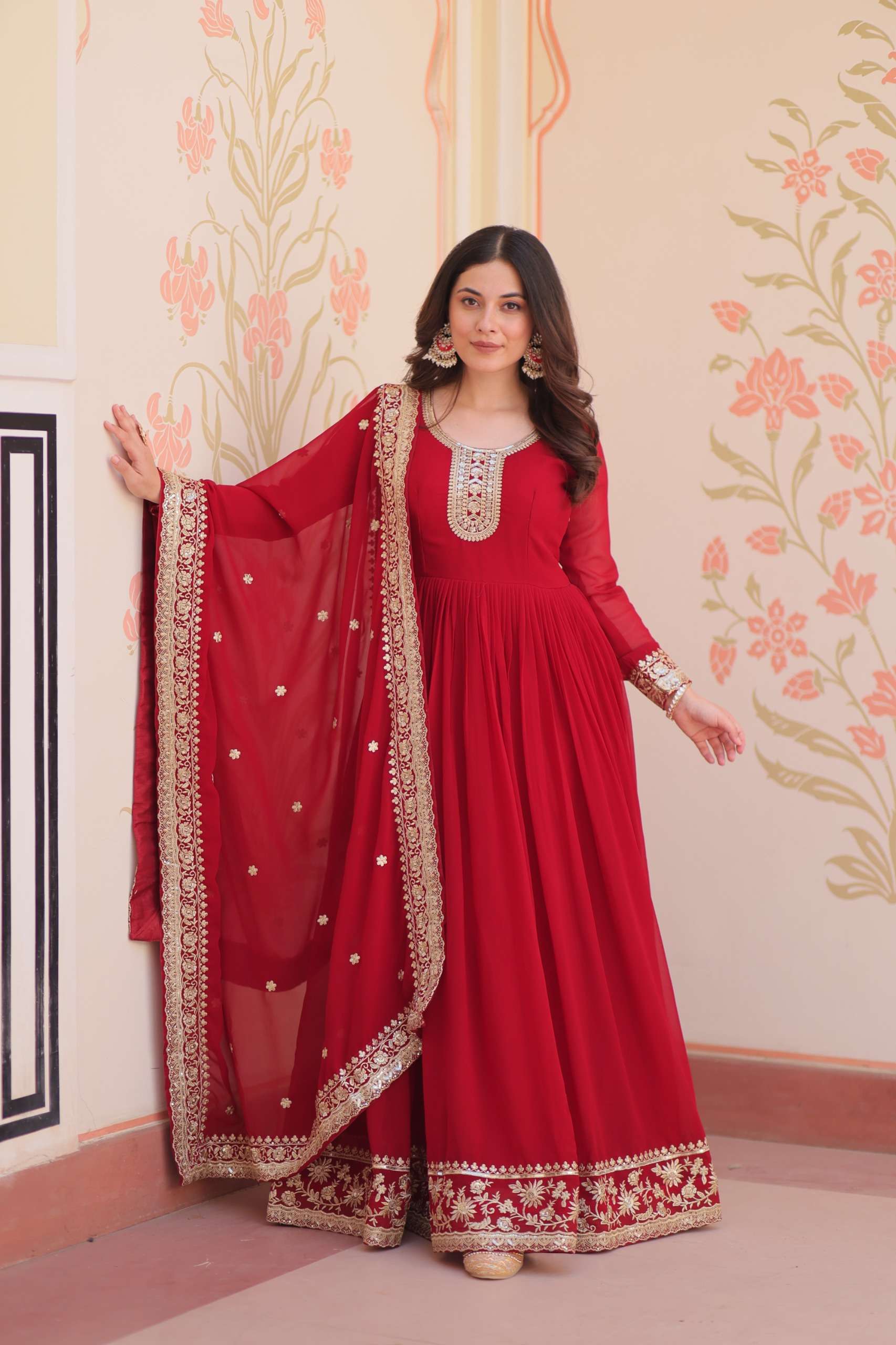 DESIGNER PARTY WEAR READYMADE RED LONG ANARKALI GOWN SUIT DUPATTA IN BLOOMING FAUX LW 9241 A