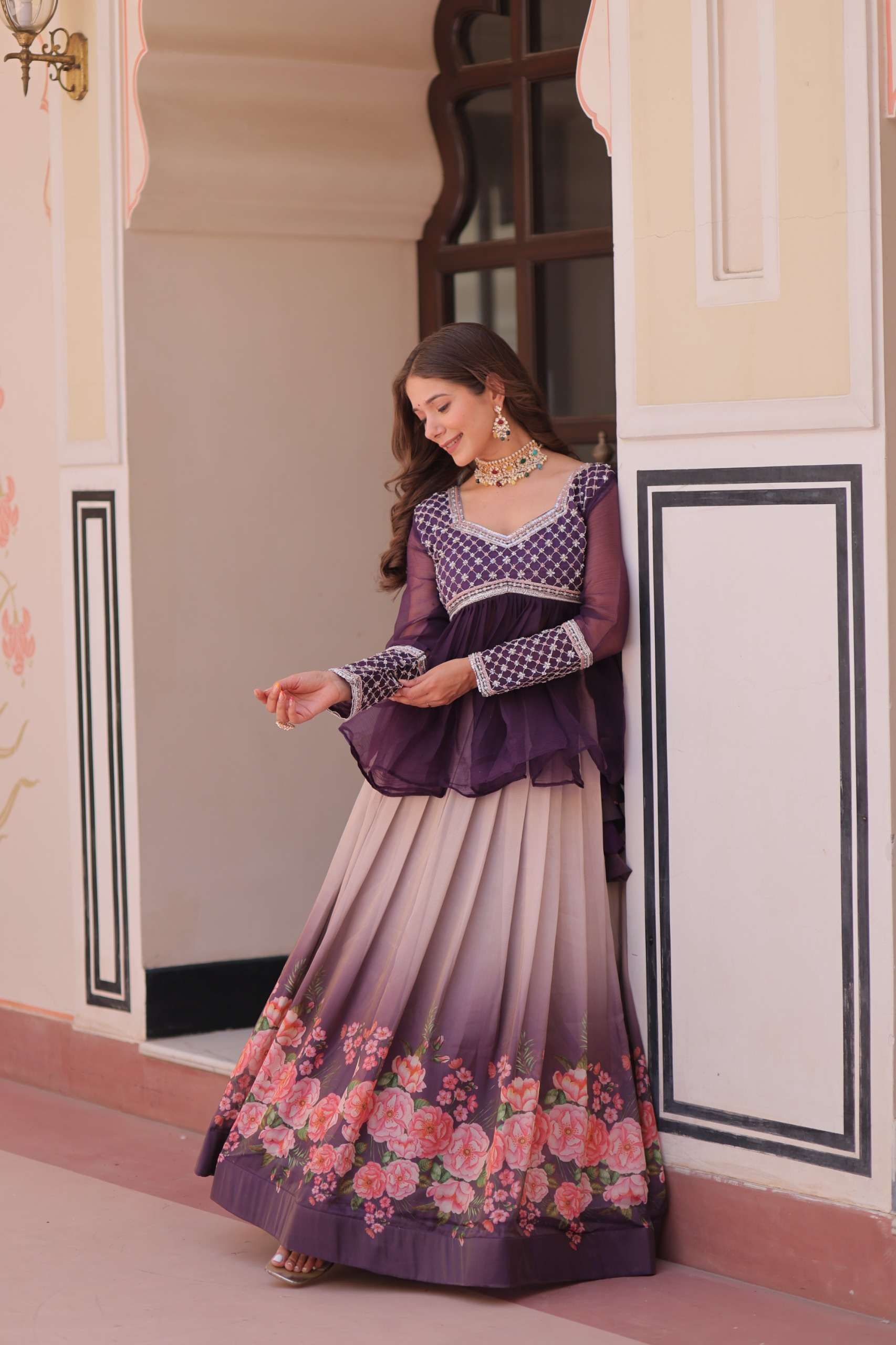DESIGNER PRINTED PURPLE CROP TOP SKIRT SALWAR SUIT FOR NAVRATRI AND PARTY WEAR LW 7130 A