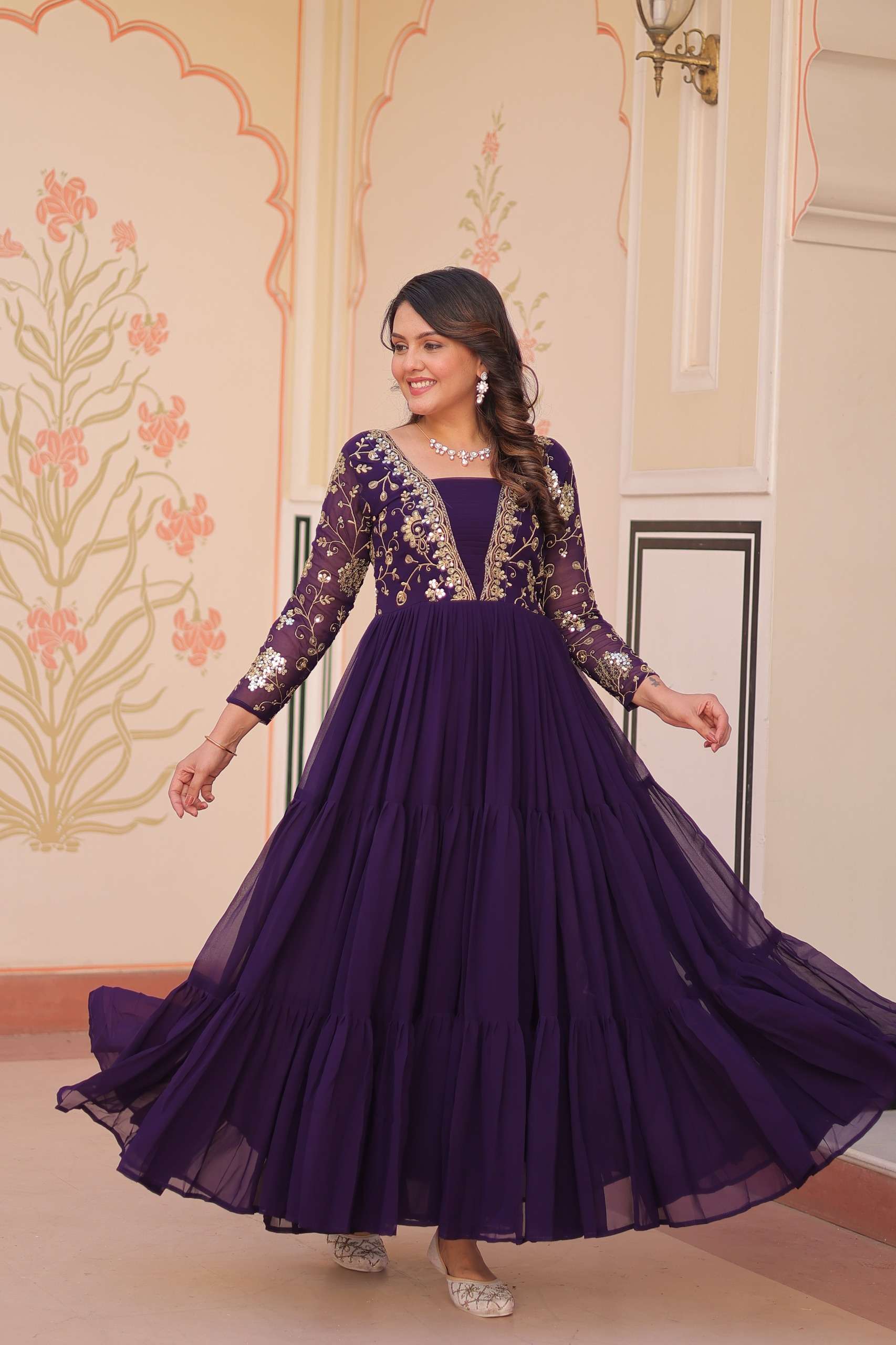 DESIGNER READYMADE BLOOMING FAUX PURPLE ANARKALI GOWN COLLECTION LW 9237 B