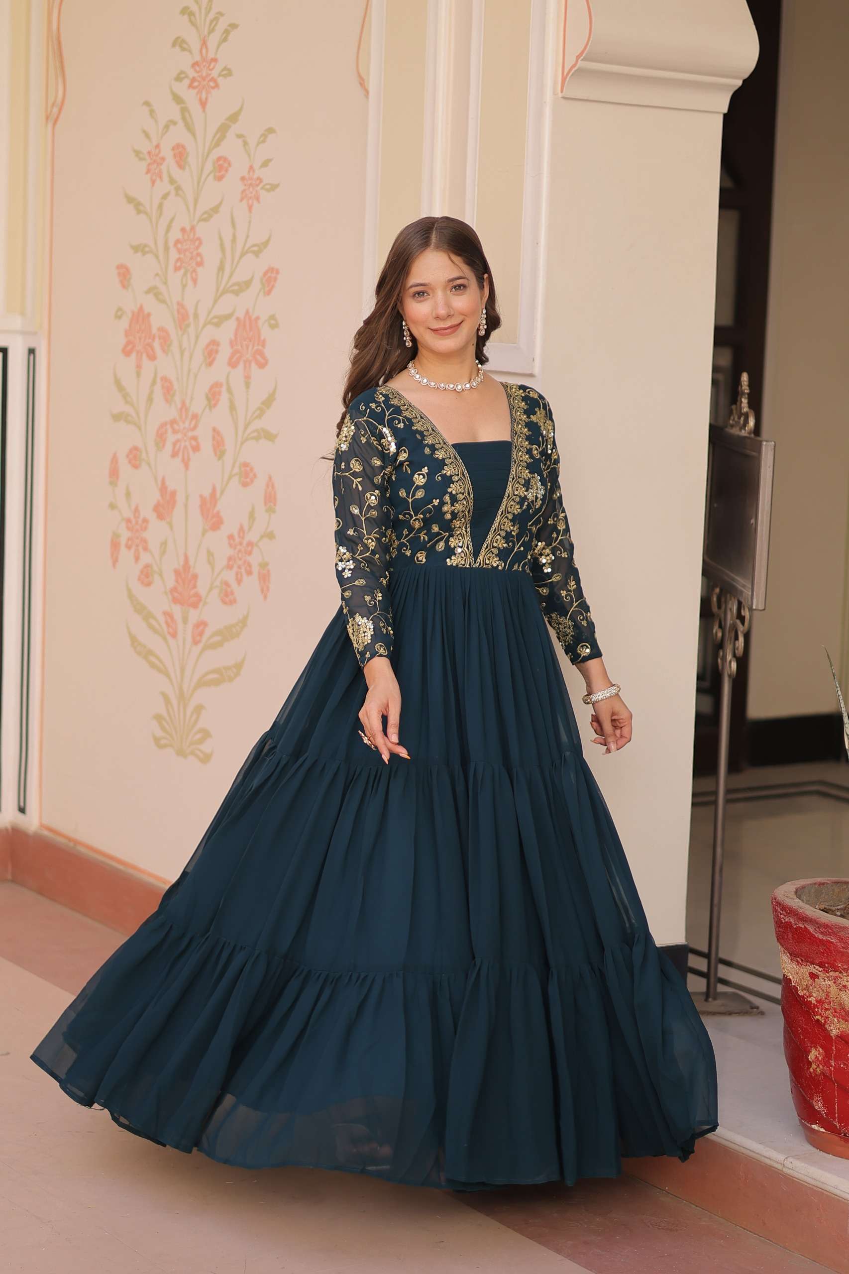 DESIGNER READYMADE BLOOMING FAUX RAMA GREEN ANARKALI GOWN COLLECTION LW 9237 C