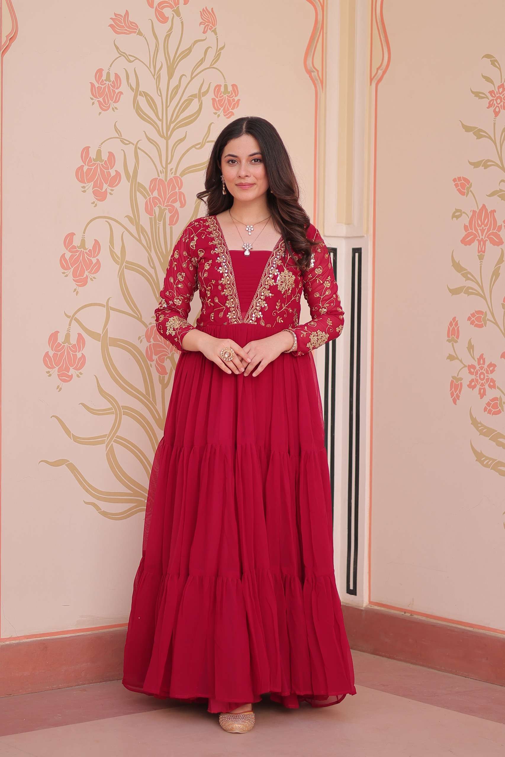 DESIGNER READYMADE BLOOMING FAUX RED ANARKALI GOWN COLLECTION LW 9237 A