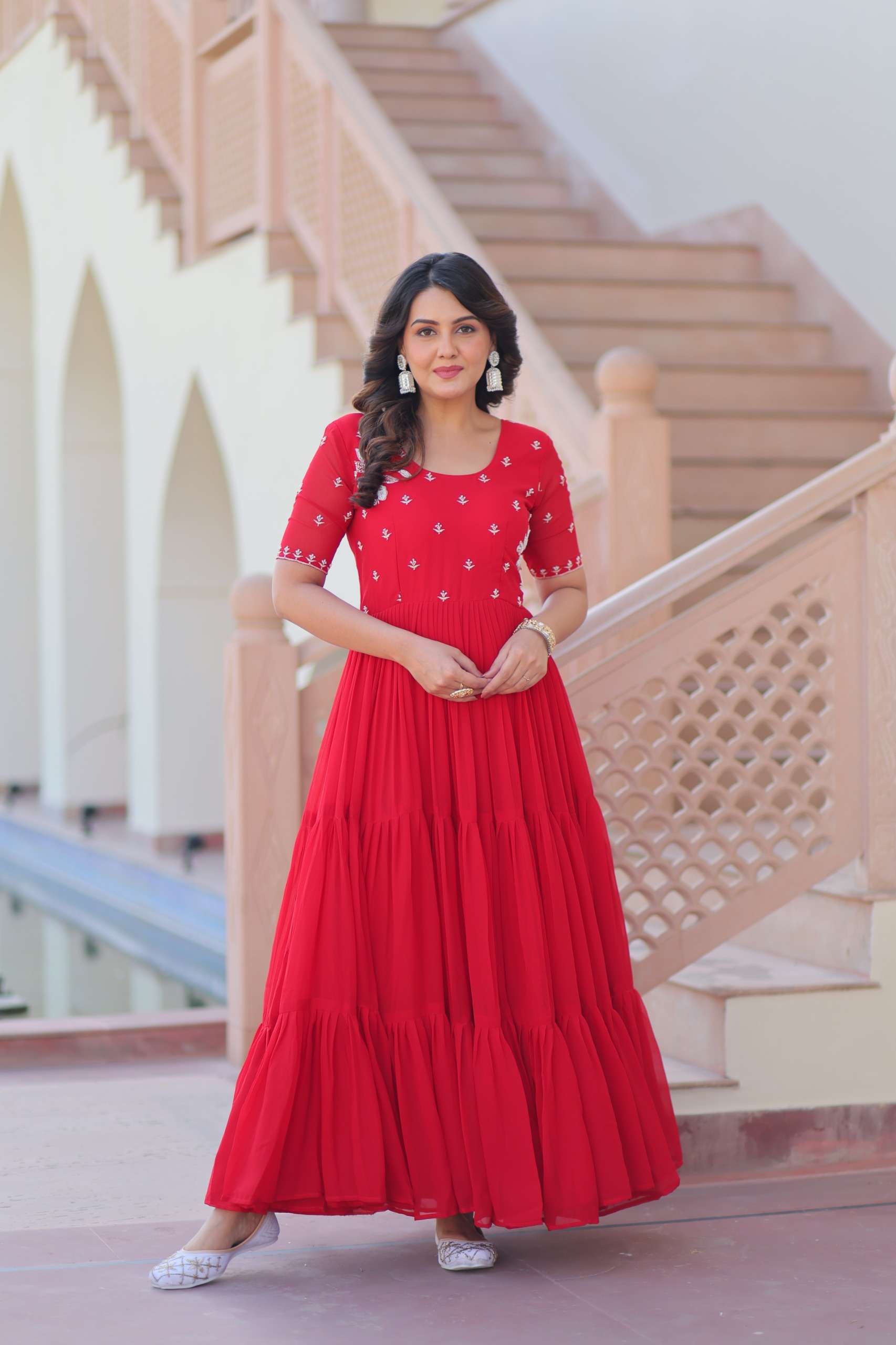 DESIGNER READYMADE BLOOMING GEORGETTE RED ANARKALI GOWN COLLECTION KU 1173 A