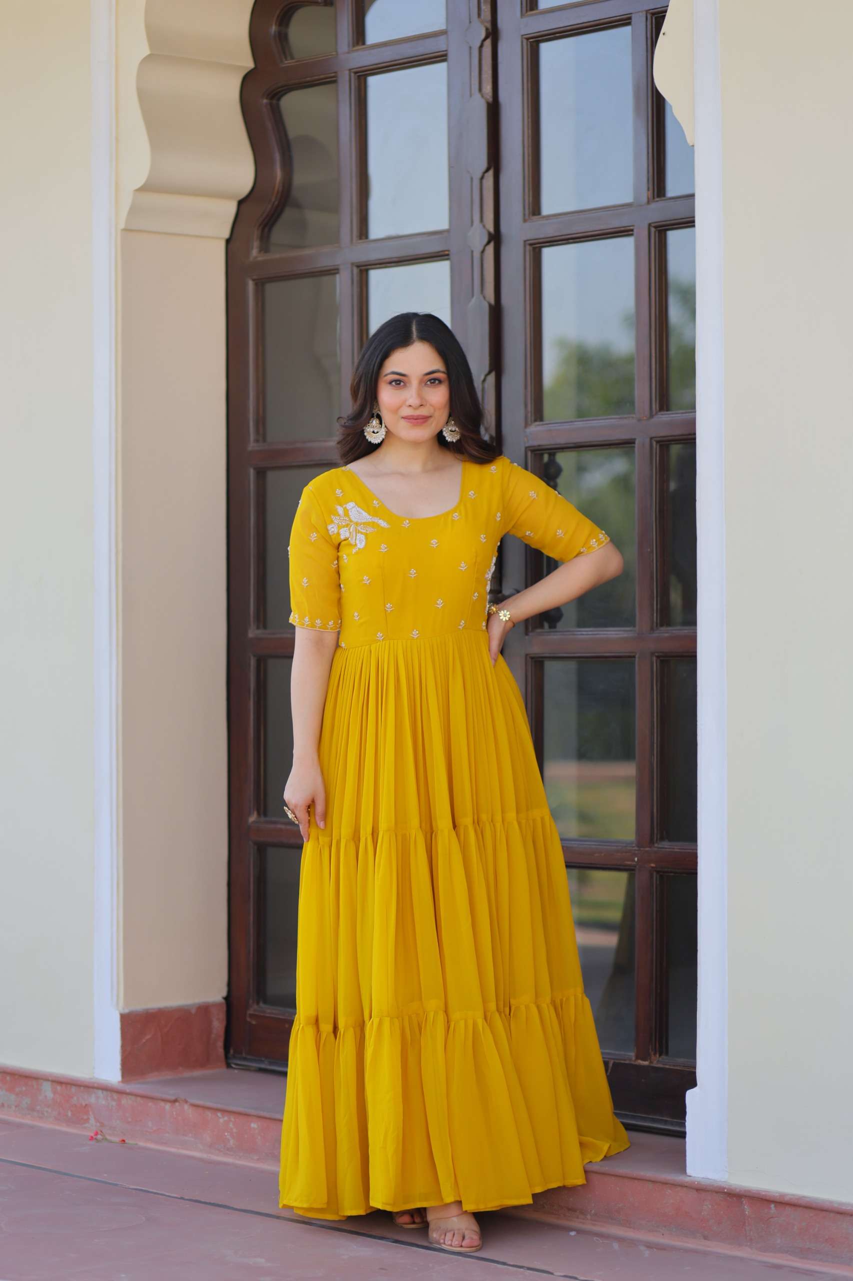 DESIGNER READYMADE BLOOMING GEORGETTE YELLOW ANARKALI GOWN COLLECTION KU 1173 B