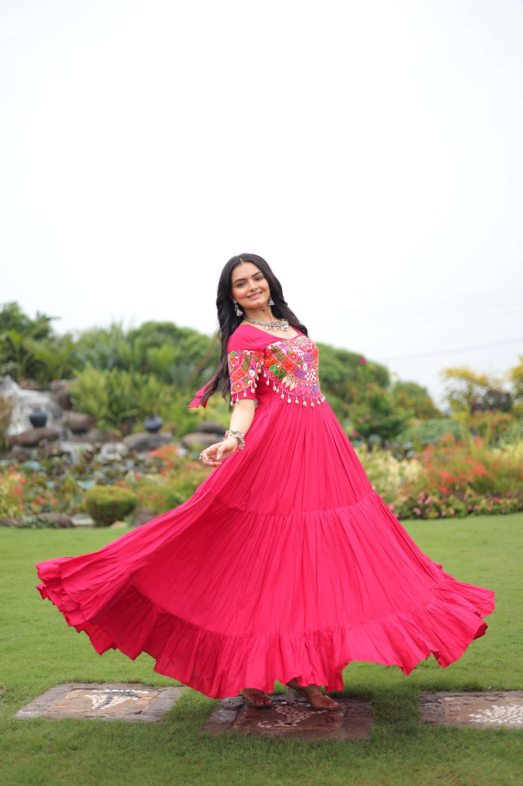 DESIGNER READYMADE NAVRATRI WEAR RANI PINK ANARKALI GOWN KURTI IN RAYON COTTON LNB 9259B