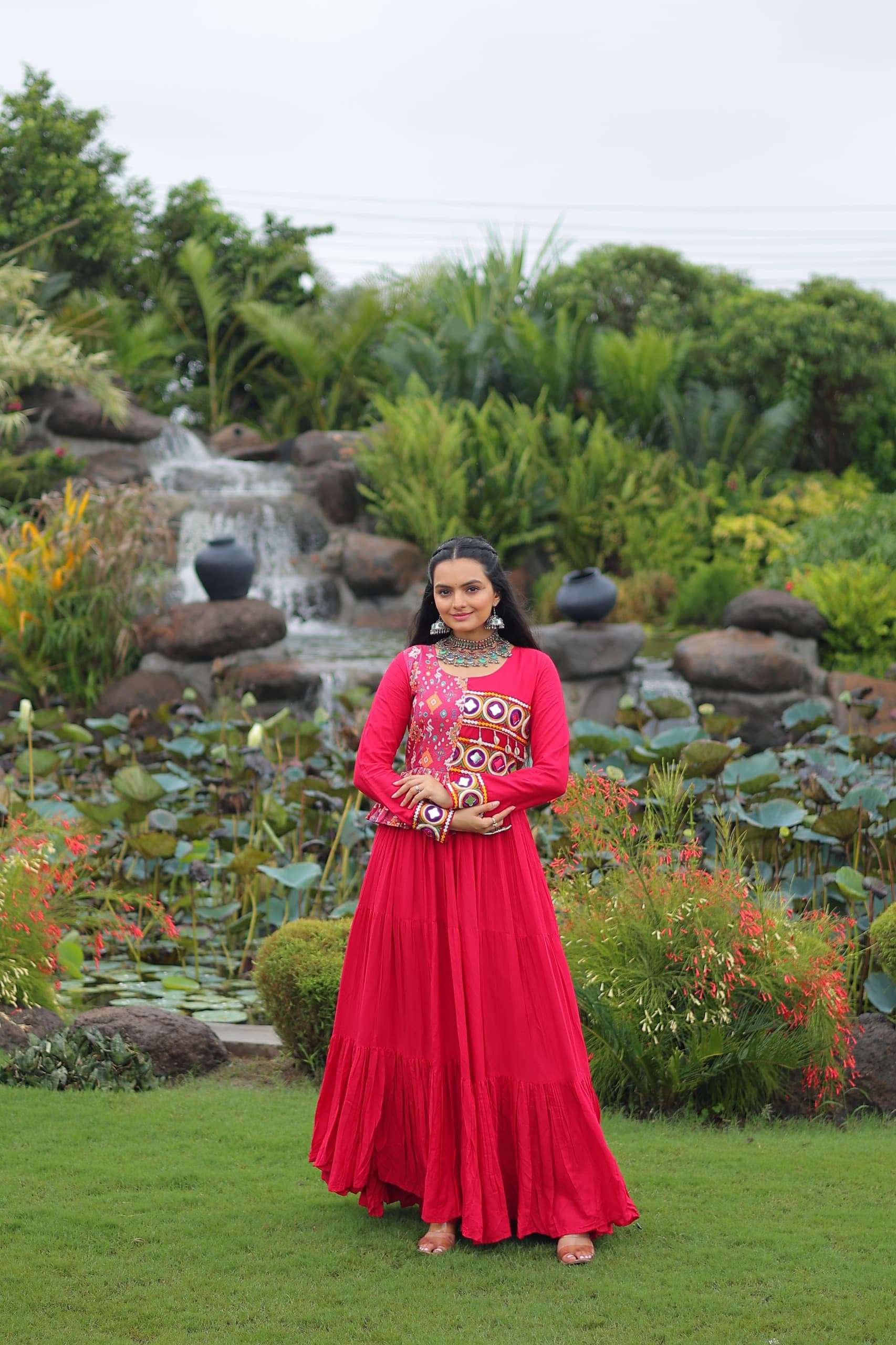 DESIGNER READYMADE NAVRATRI WEAR RANI PINK ANARKALI GOWN KURTI IN RAYON COTTON LW 9257 A