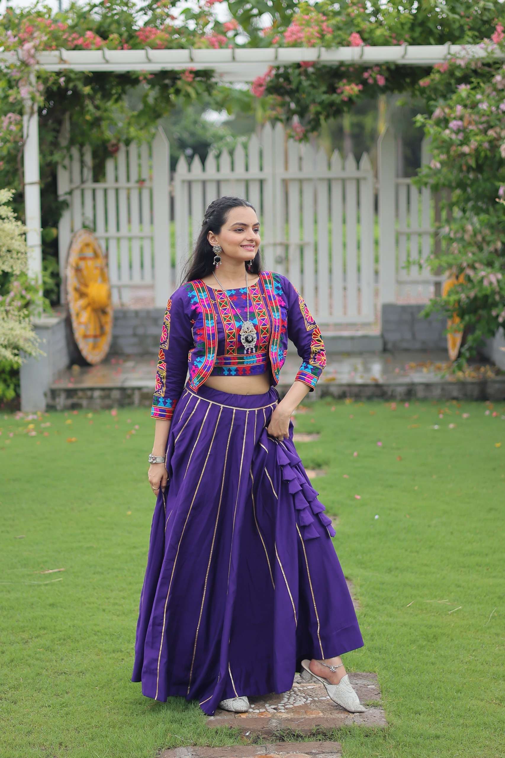 DESIGNER READYMADE ROMAN SILK PURPLE NAVRATRI WEAR SKIRT BLOUSE KOTI COLLECTION LW 7132 C