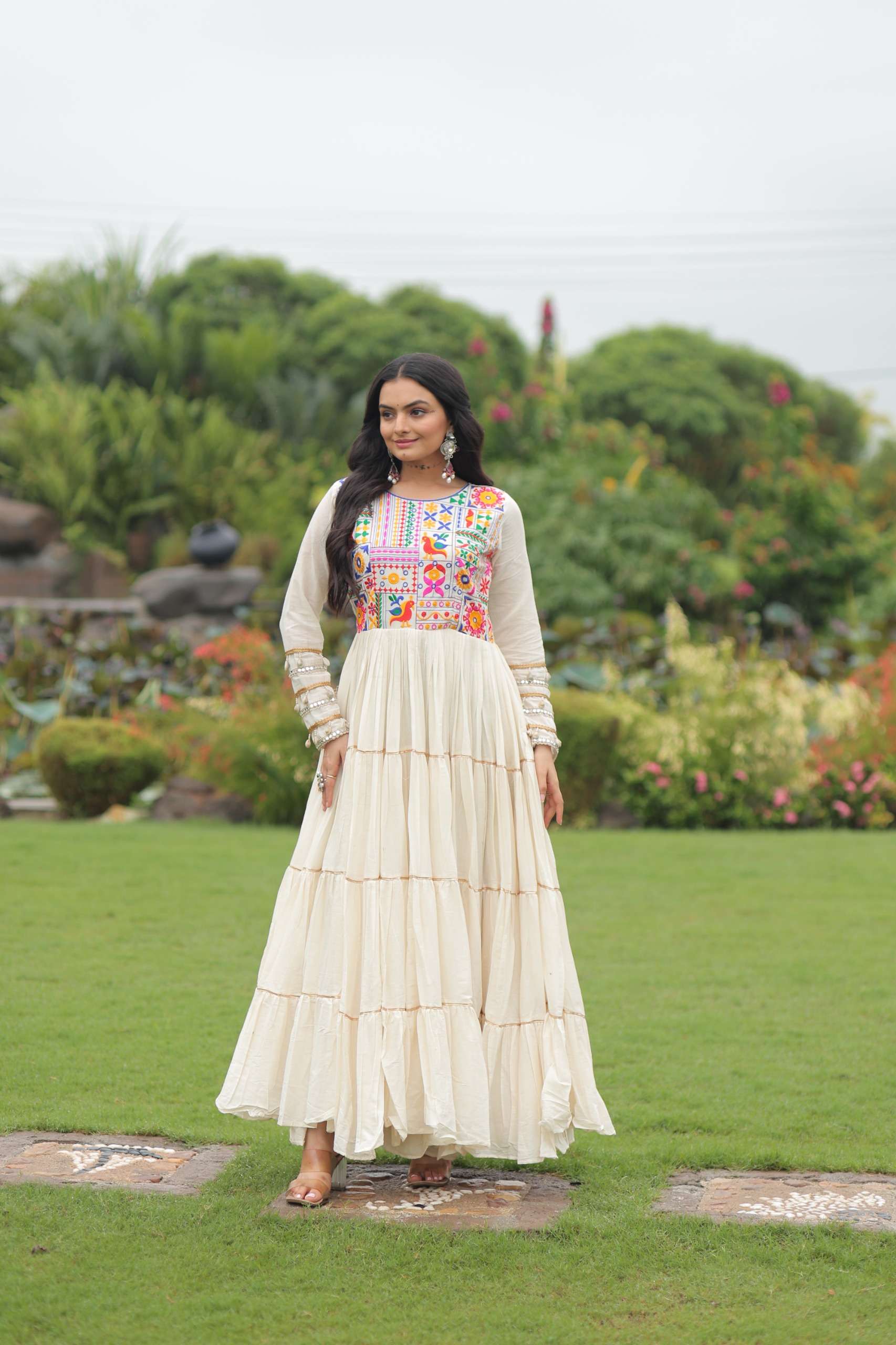 DESIGNER READYMADE WHITE COTTON NAVRATRI ANARKALI GOWN LW 9253