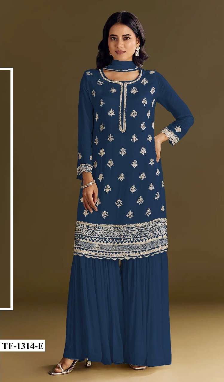 DESIGNER WEDDING PARTY WEAR CHINON BLUE SHARARA PALLAZO SALWAR SUIT HT 1314 E