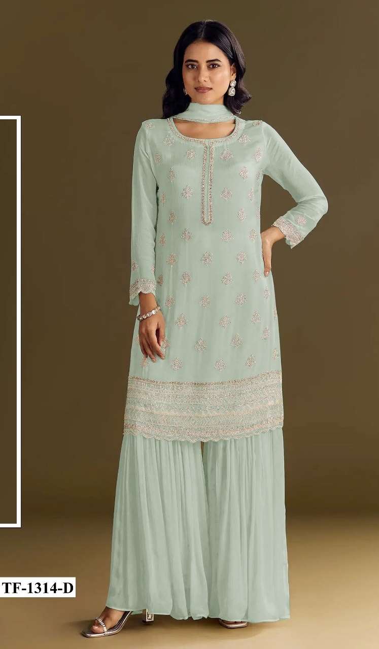 DESIGNER WEDDING PARTY WEAR CHINON PISTA GREEN SHARARA PALLAZO SALWAR SUIT HT 1314 D