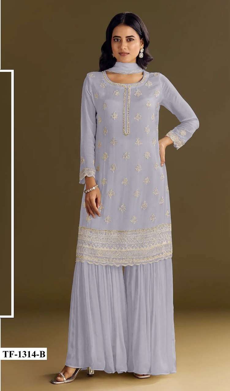 DESIGNER WEDDING PARTY WEAR CHINON PURPLE SHARARA PALLAZO SALWAR SUIT HT 1314 B