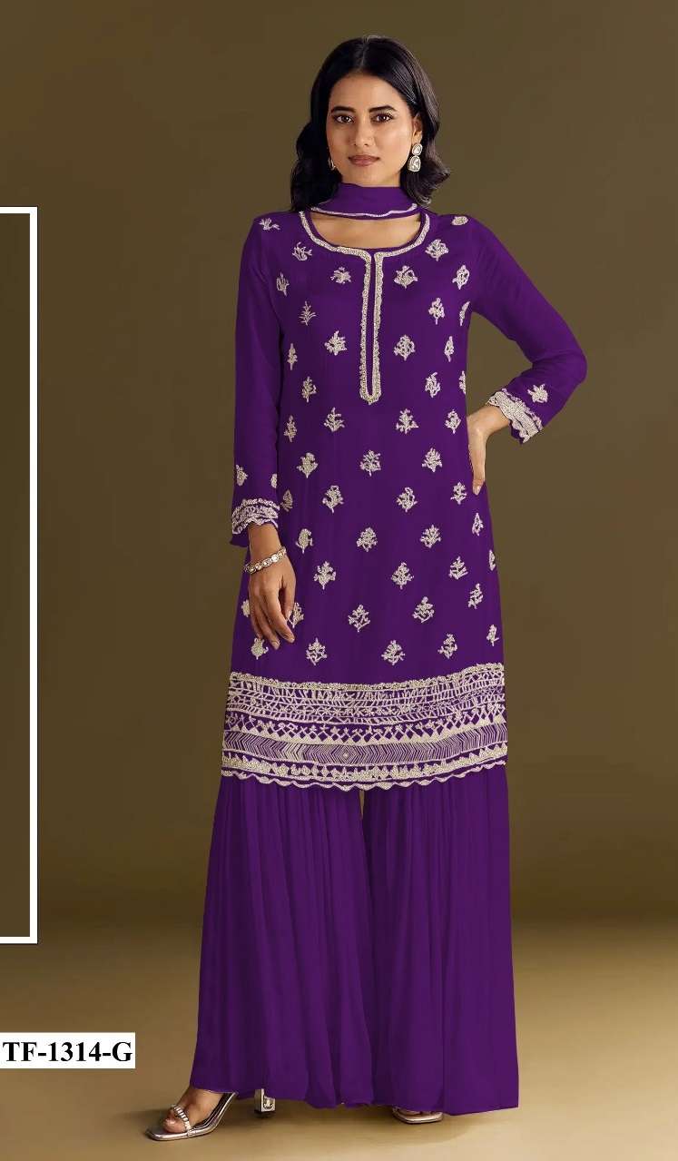 DESIGNER WEDDING PARTY WEAR CHINON PURPLE SHARARA PALLAZO SALWAR SUIT HT 1314 G