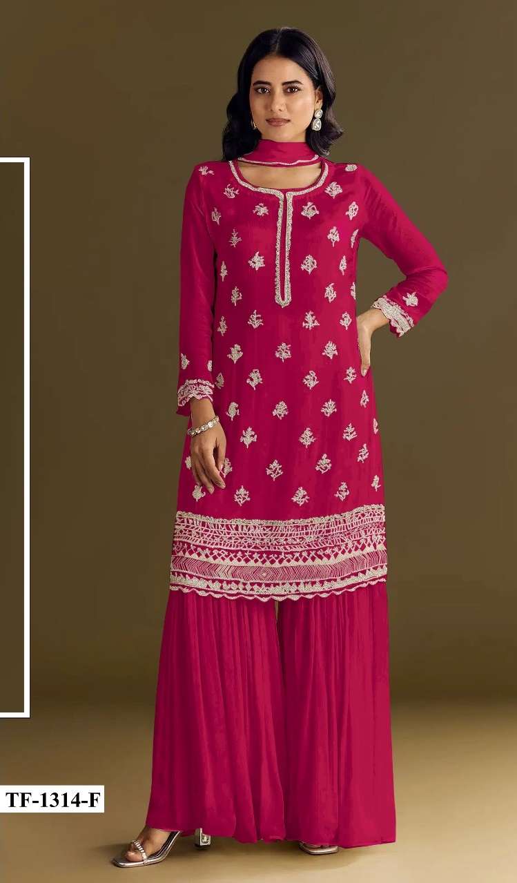 DESIGNER WEDDING PARTY WEAR CHINON RANI PINK SHARARA PALLAZO SALWAR SUIT HT 1314 F