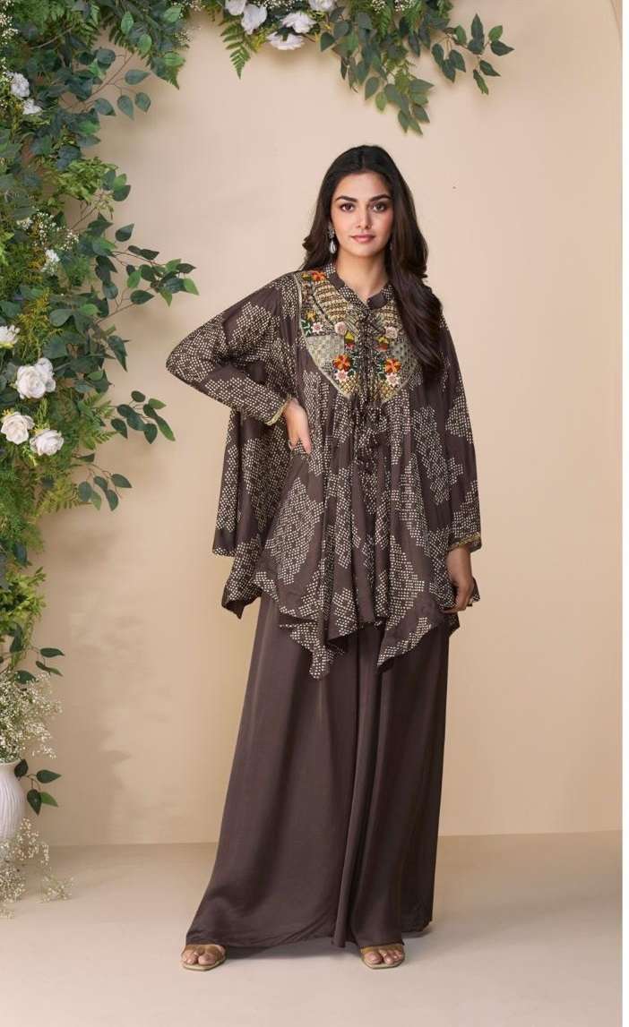 DESIGNER WEDDING PARTY WEAR CHINON SHARARA SALWAR SUIT BROWN CROP TOP SY CLASSIC 10054