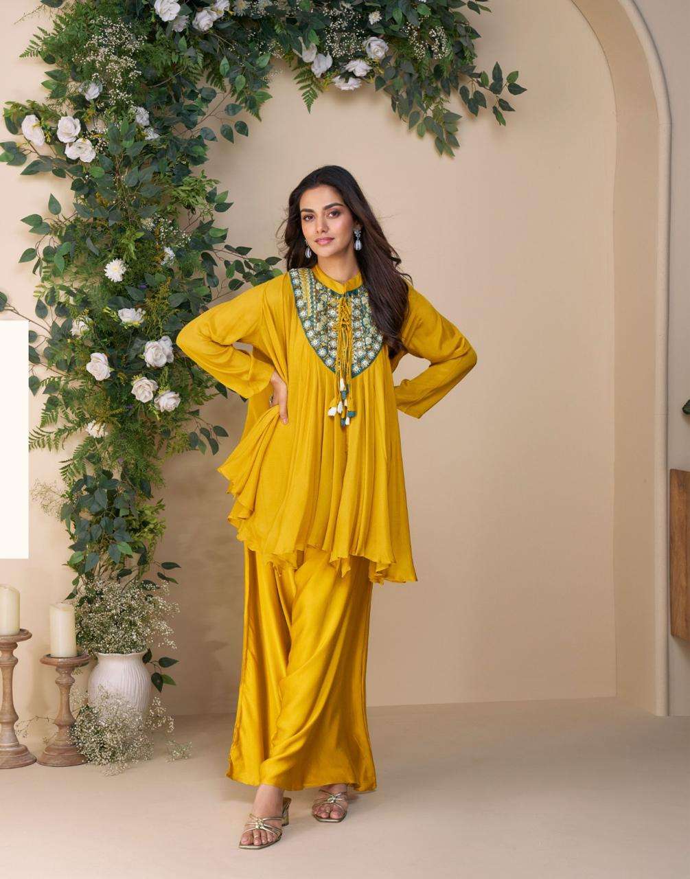 DESIGNER WEDDING PARTY WEAR CHINON SHARARA SALWAR SUIT YELLOW CROP TOP SY CLASSIC 10055