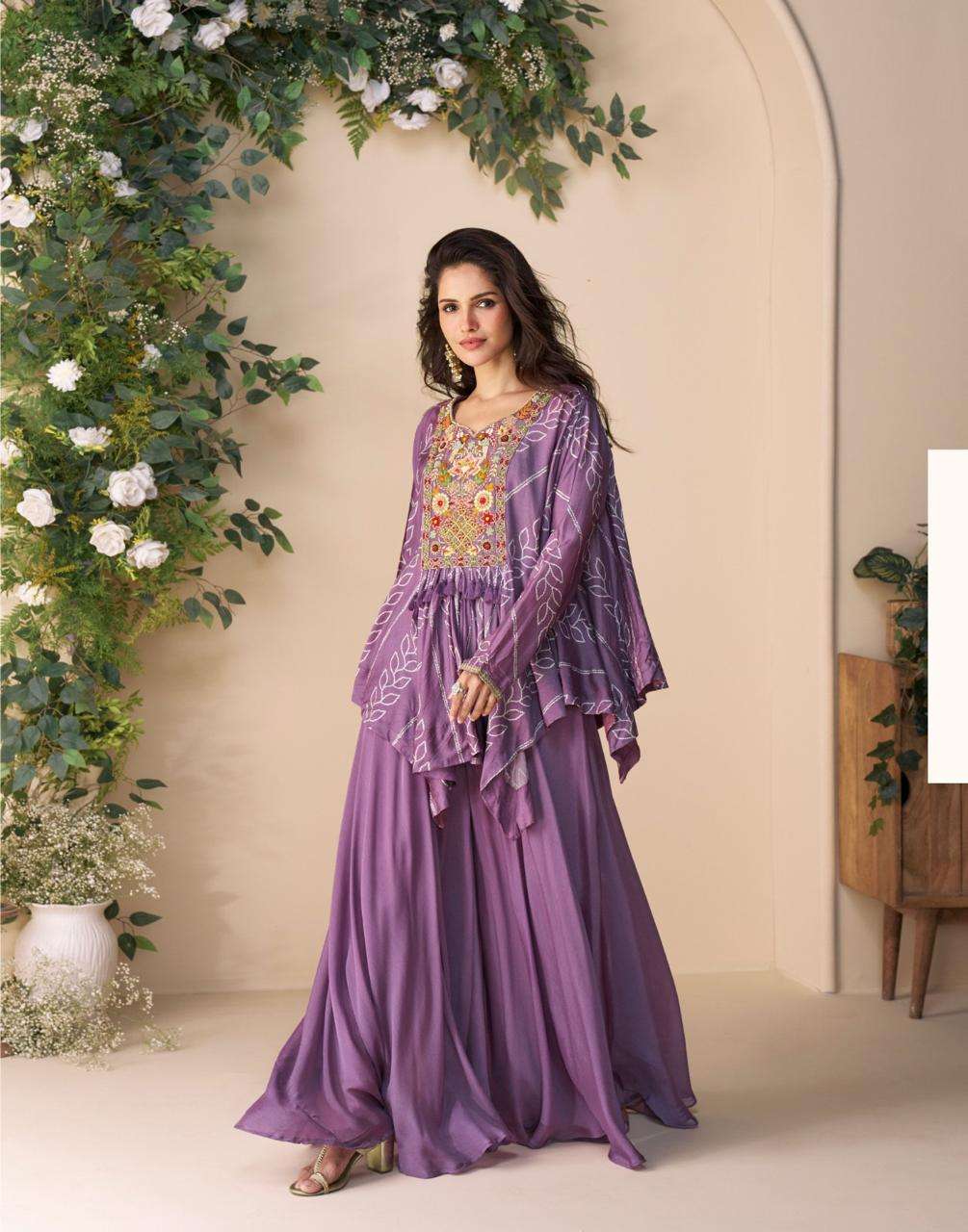 DESIGNER WEDDING PARTY WEAR CHINON SHARARA SALWAR SUIT PURPLE CROP TOP SY CLASSIC 10056