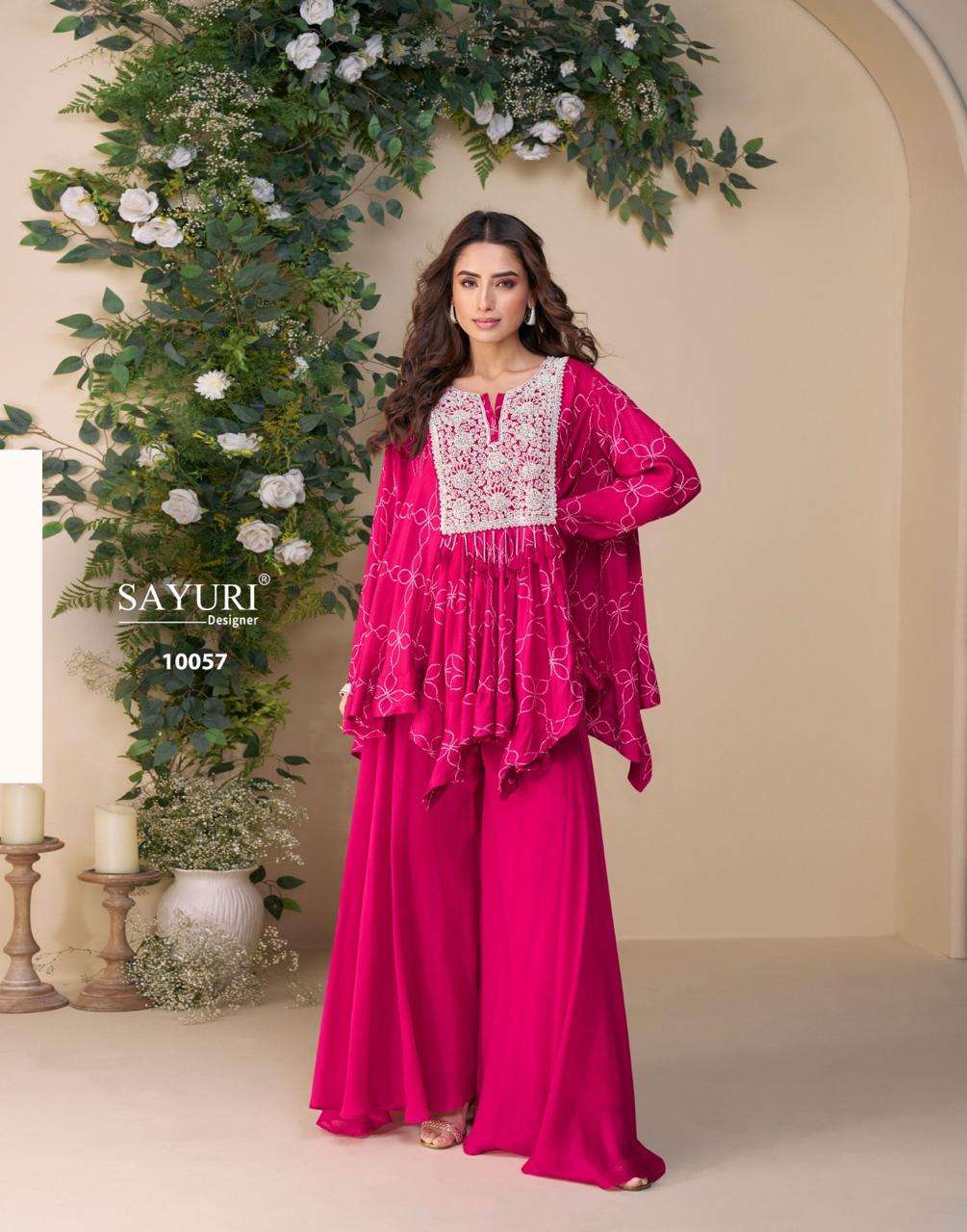 DESIGNER WEDDING PARTY WEAR CHINON SHARARA SALWAR SUIT RANI PINK CROP TOP SY CLASSIC 10057