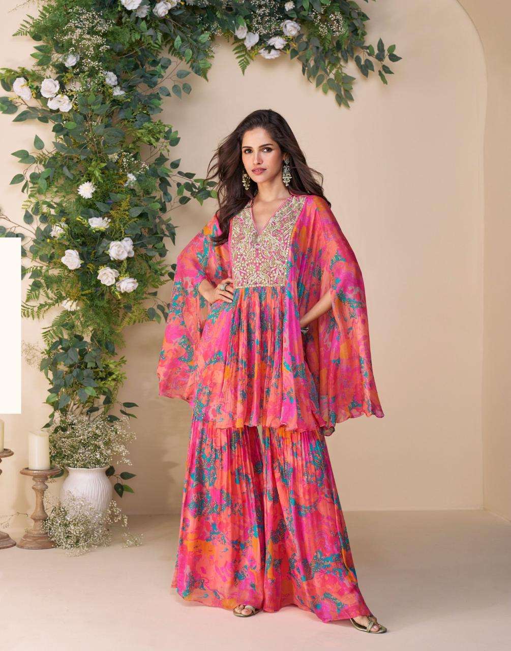 DESIGNER WEDDING PARTY WEAR CHINON SHARARA SALWAR SUIT FLOOWER PRINT CROP TOP SY CLASSIC 10058