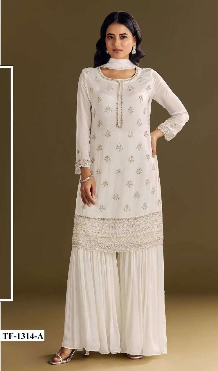 DESIGNER WEDDING PARTY WEAR CHINON WHITE SHARARA PALLAZO SALWAR SUIT HT 1314 A