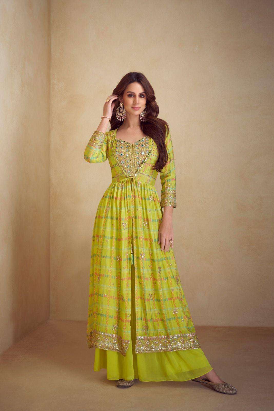 DESIGNER WEDDING PARTY WEAR CHINON YELLOW GREEN KOTI BLOUSE SHARARA PALLAZO SALWAR SUIT SY KIERA 7521