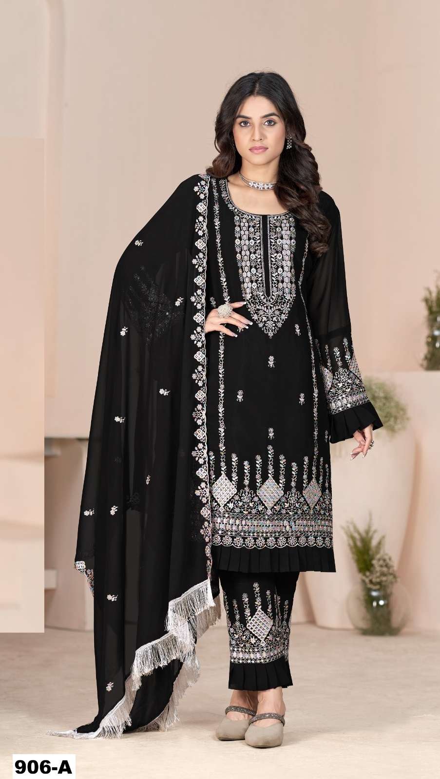 DESIGNER WEDDING PARTY WEAR FAUX GEORGETTE BLACK PAKISTANI SALWAR SUIT CP 906 A