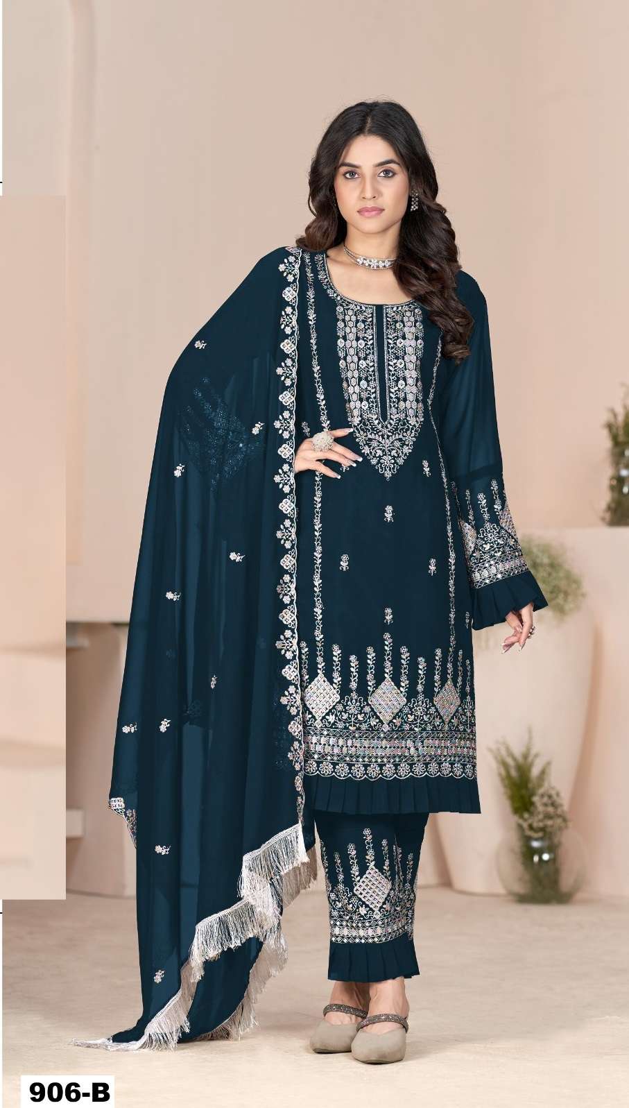 DESIGNER WEDDING PARTY WEAR FAUX GEORGETTE DARK BLUE PAKISTANI SALWAR SUIT CP 906 B