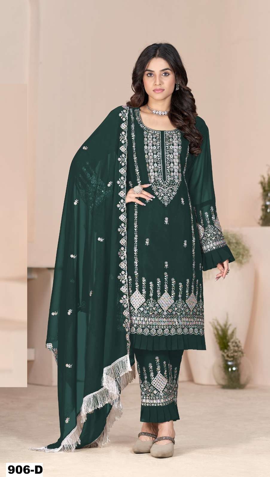 DESIGNER WEDDING PARTY WEAR FAUX GEORGETTE GREEN PAKISTANI SALWAR SUIT CP 906 D