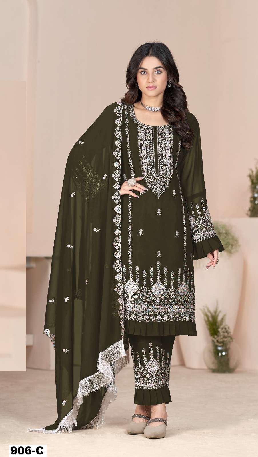 DESIGNER WEDDING PARTY WEAR FAUX GEORGETTE MAHENDI PAKISTANI SALWAR SUIT CP 906 C
