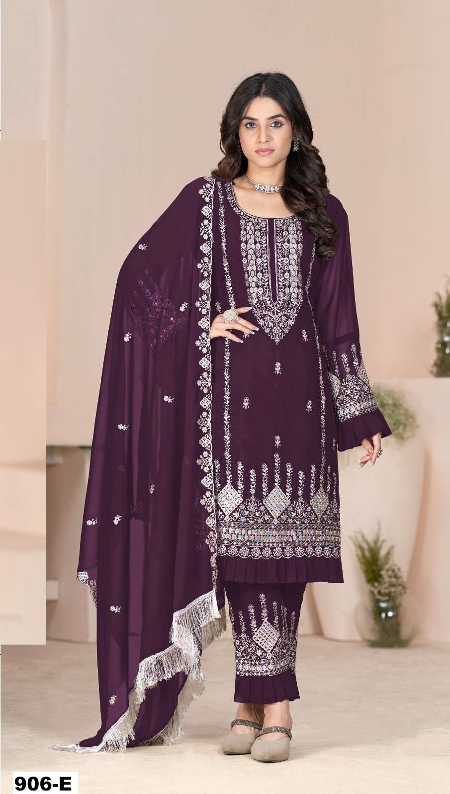 DESIGNER WEDDING PARTY WEAR FAUX GEORGETTE PURPLE WINE PAKISTANI SALWAR SUIT CP 906 E
