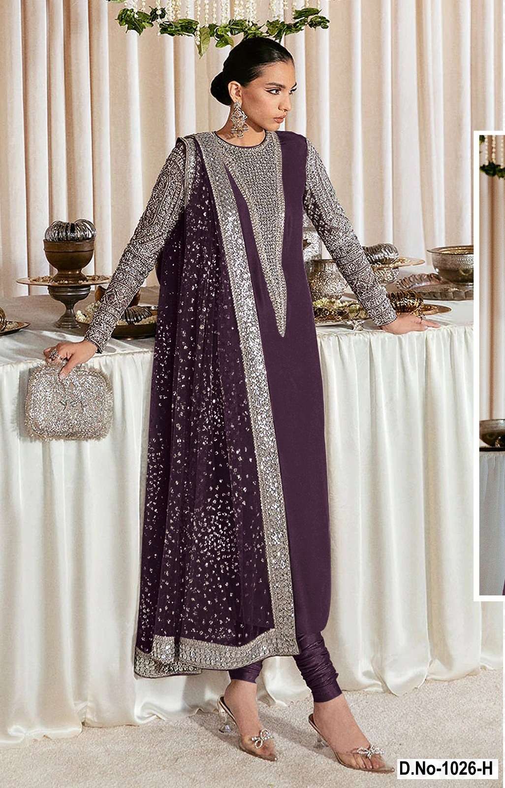 DESIGNER WEDDING PARTY WEAR FAUX GEORGETTE PURPLE PAKISTANI SALWAR SUIT SHF 1026 H