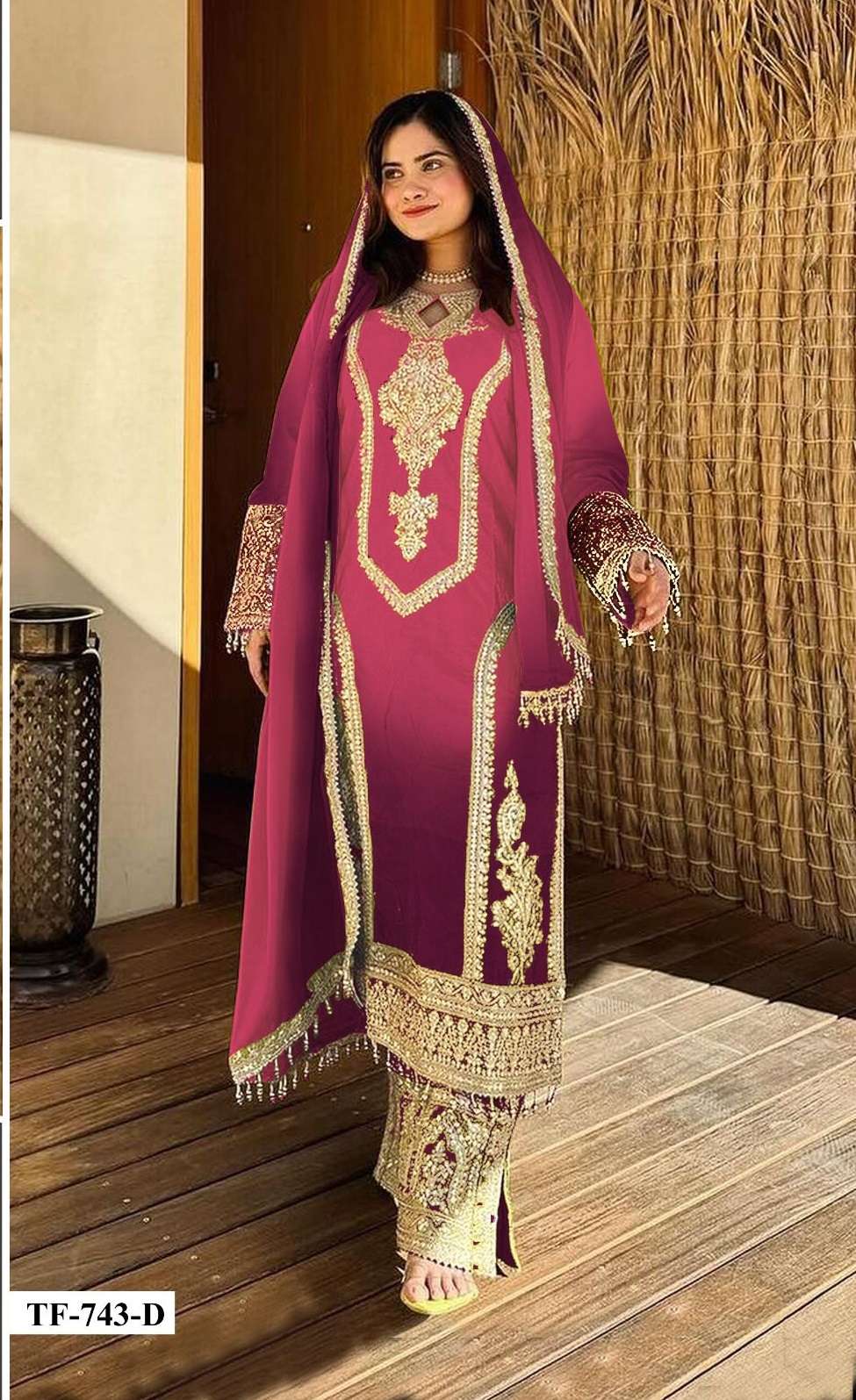 DESIGNER WEDDING PARTY WEAR HEAVY CHINON DEEP PINK SHARARA SALWAR SUIT PLAZZO HT 743 D