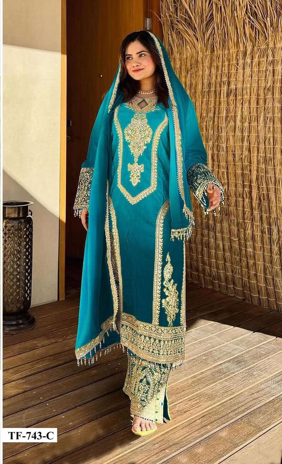 DESIGNER WEDDING PARTY WEAR HEAVY CHINON SKY BLUE SHARARA SALWAR SUIT PLAZZO HT 743 C