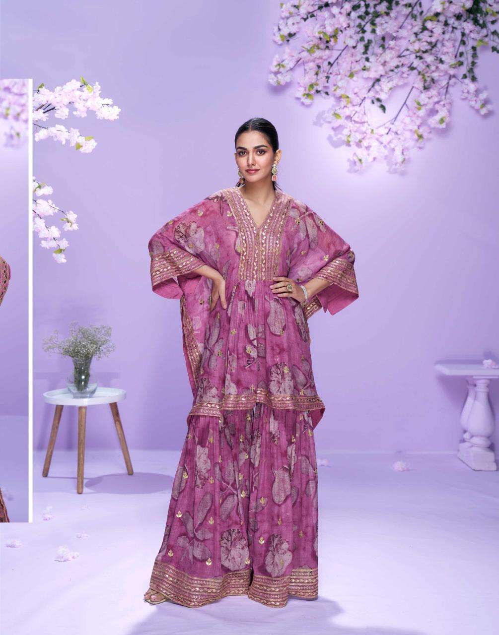 DESIGNER WEDDING PARTY WEAR HEAVY PURPLE GEORGETTE KAFTAN PRINTED SHARARA SALWAR SUIT SY RAHI 10061