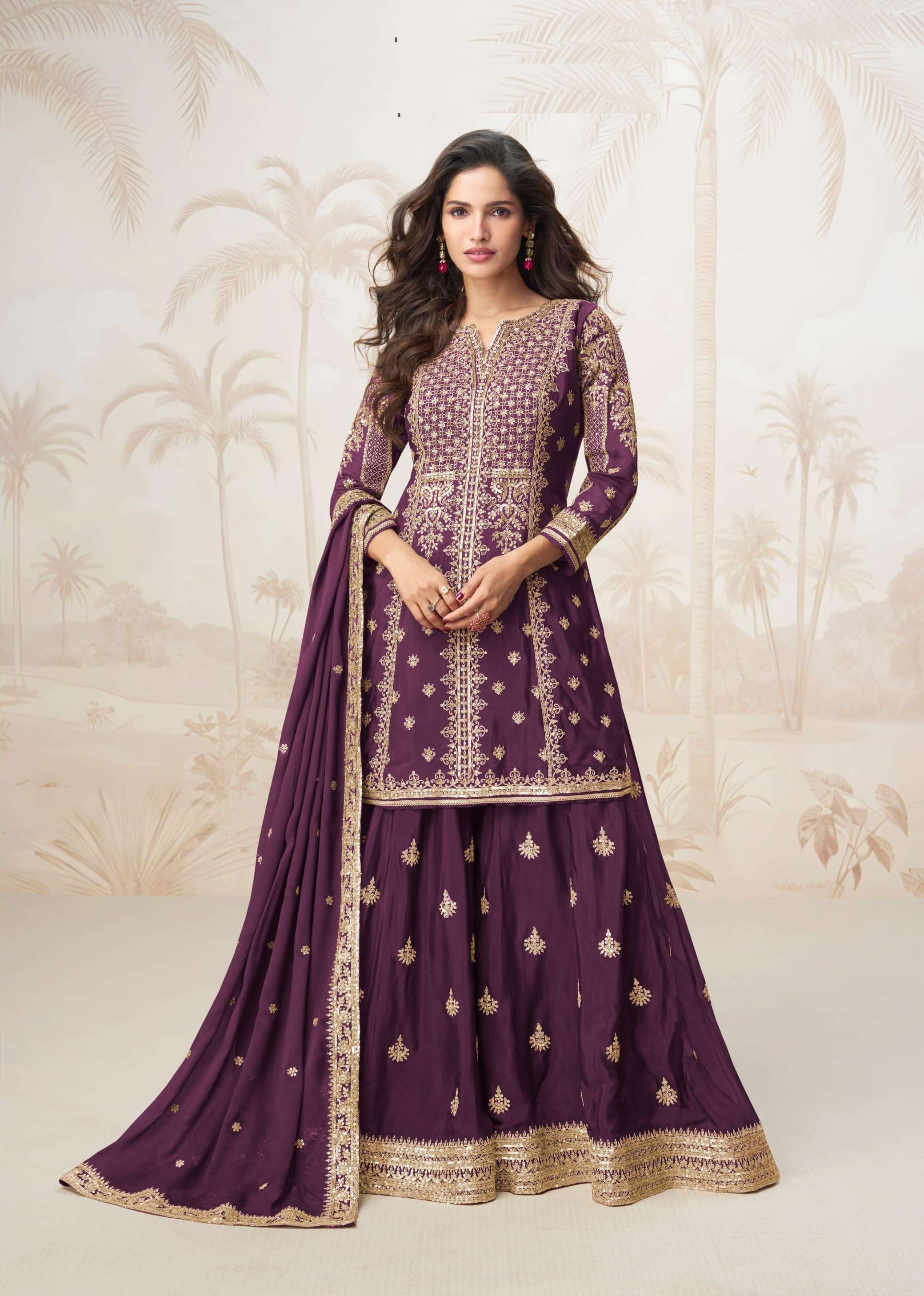 DESIGNER WEDDING PARTY WEAR HEAVY REAL CHINON SILK WINE SHARARA SALWAR SUIT AF MUMTAZ 10325
