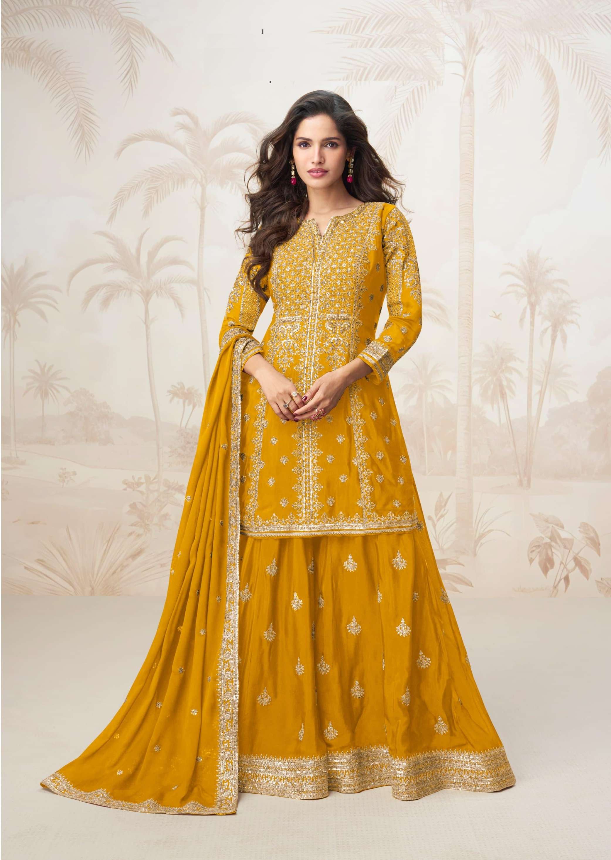 DESIGNER WEDDING PARTY WEAR HEAVY REAL CHINON SILK YELLOW SHARARA SALWAR SUIT AF MUMTAZ 10329
