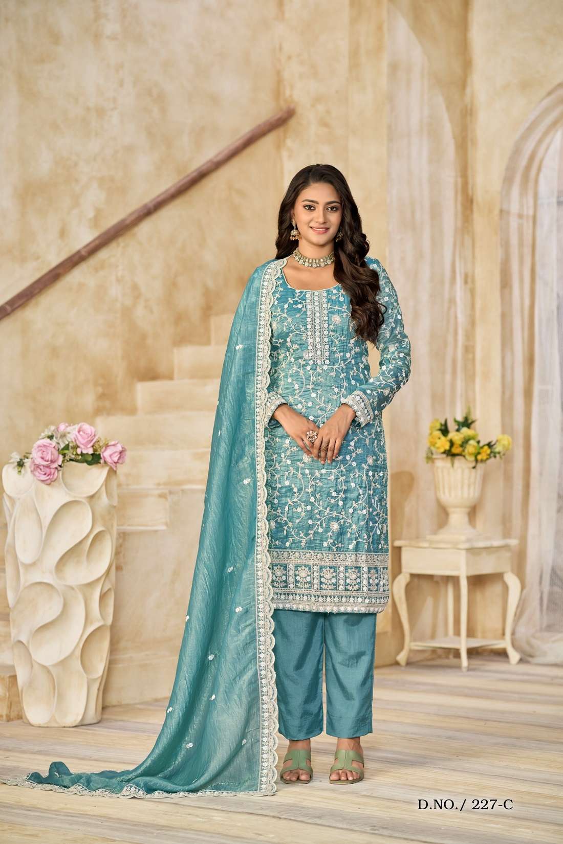 DESIGNER WEDDING PARTY WEAR ORGANZA BLUE SALWAR SUIT PAKISTANI SUIT ANY 227 C
