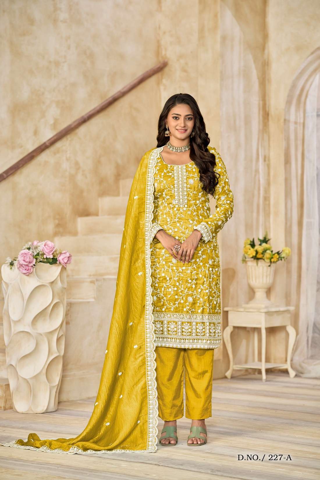 DESIGNER WEDDING PARTY WEAR ORGANZA YELLOW SALWAR SUIT PAKISTANI SUIT ANY 227 A