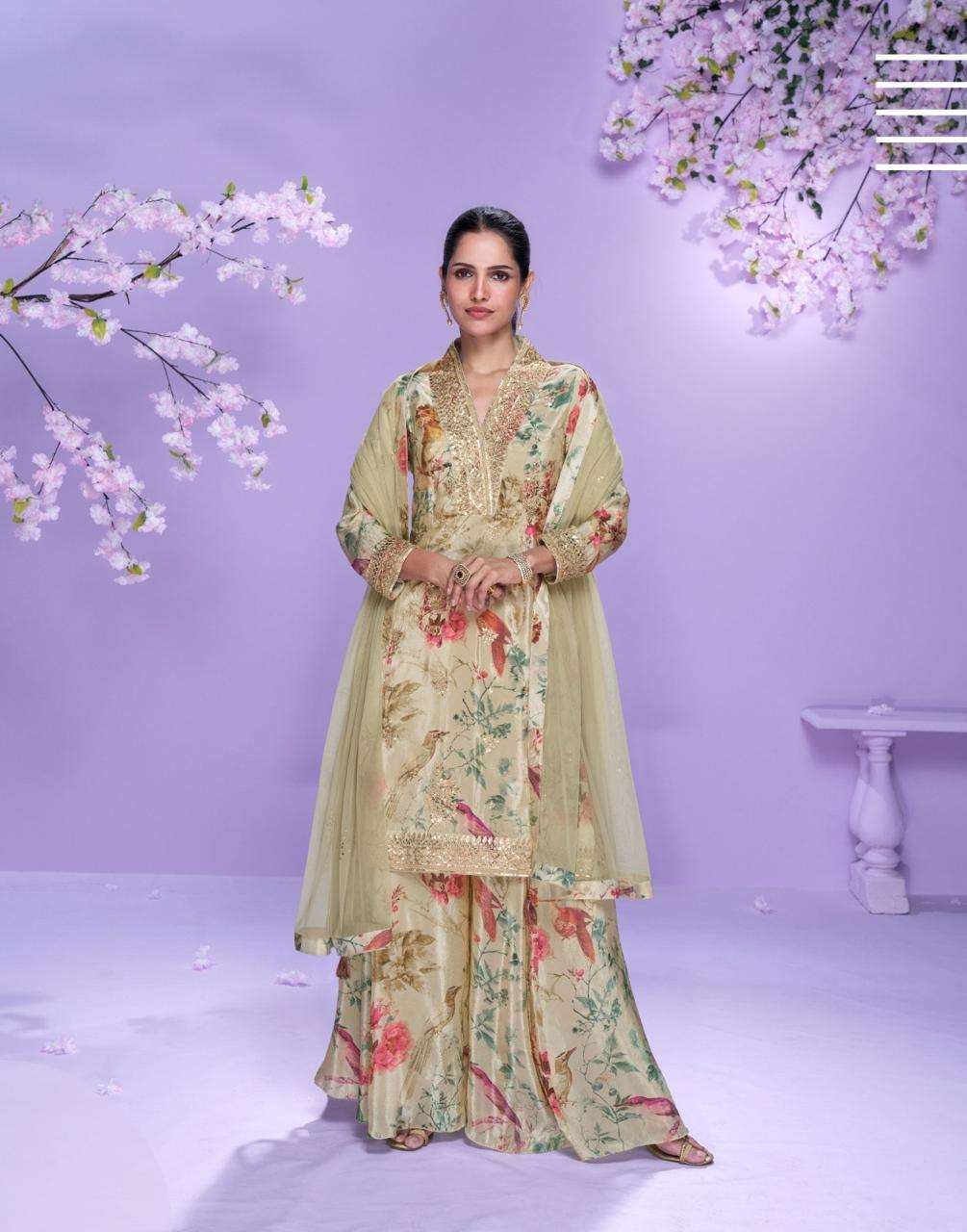 DESIGNER WEDDING PARTY WEAR REAL CHINON BEIGE SHARARA PALLAZO SALWAR SUIT SY VAANI 10043