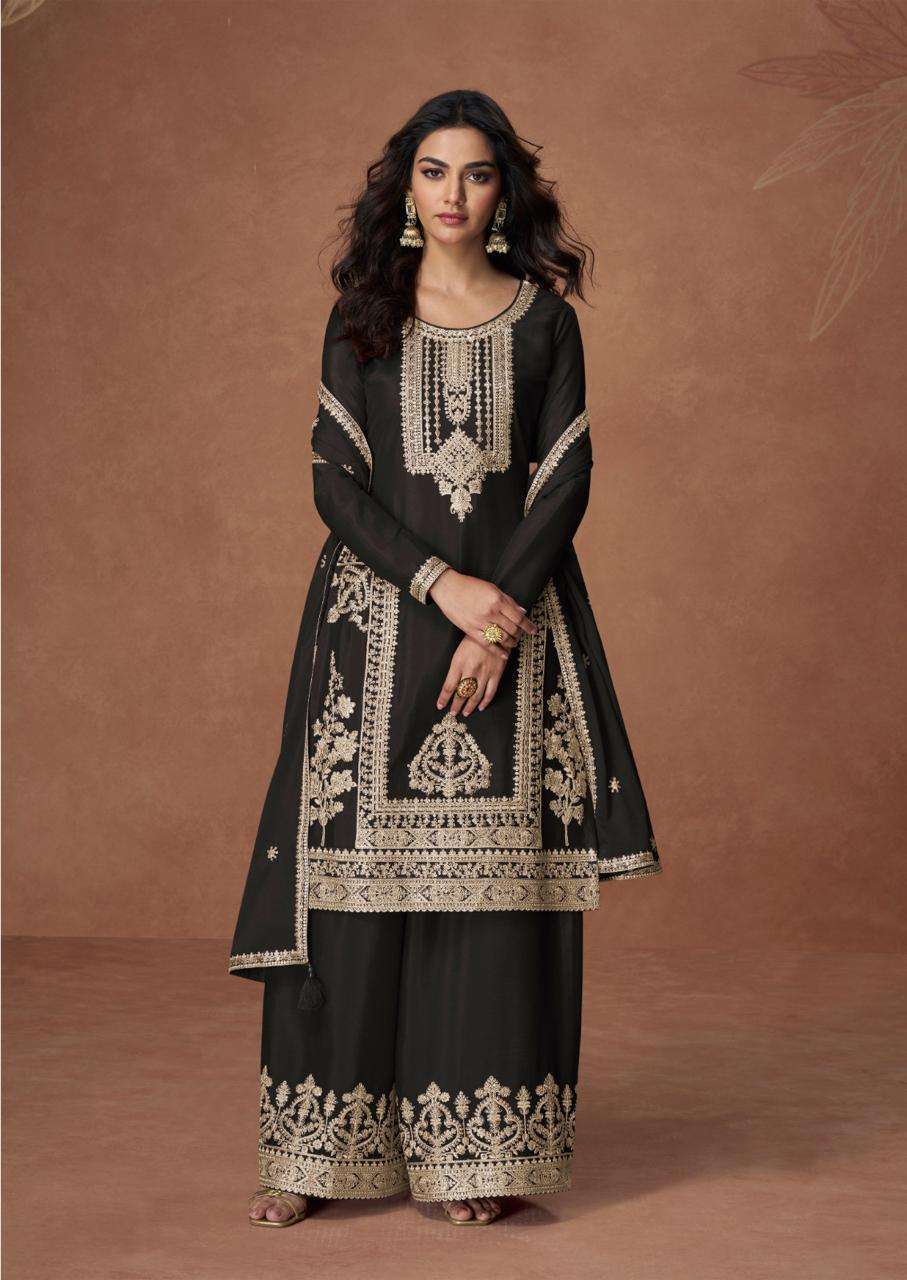 DESIGNER WEDDING PARTY WEAR REAL CHINON BLACK SHARARA SALWAR SUIT AF ANUPAMA 10260