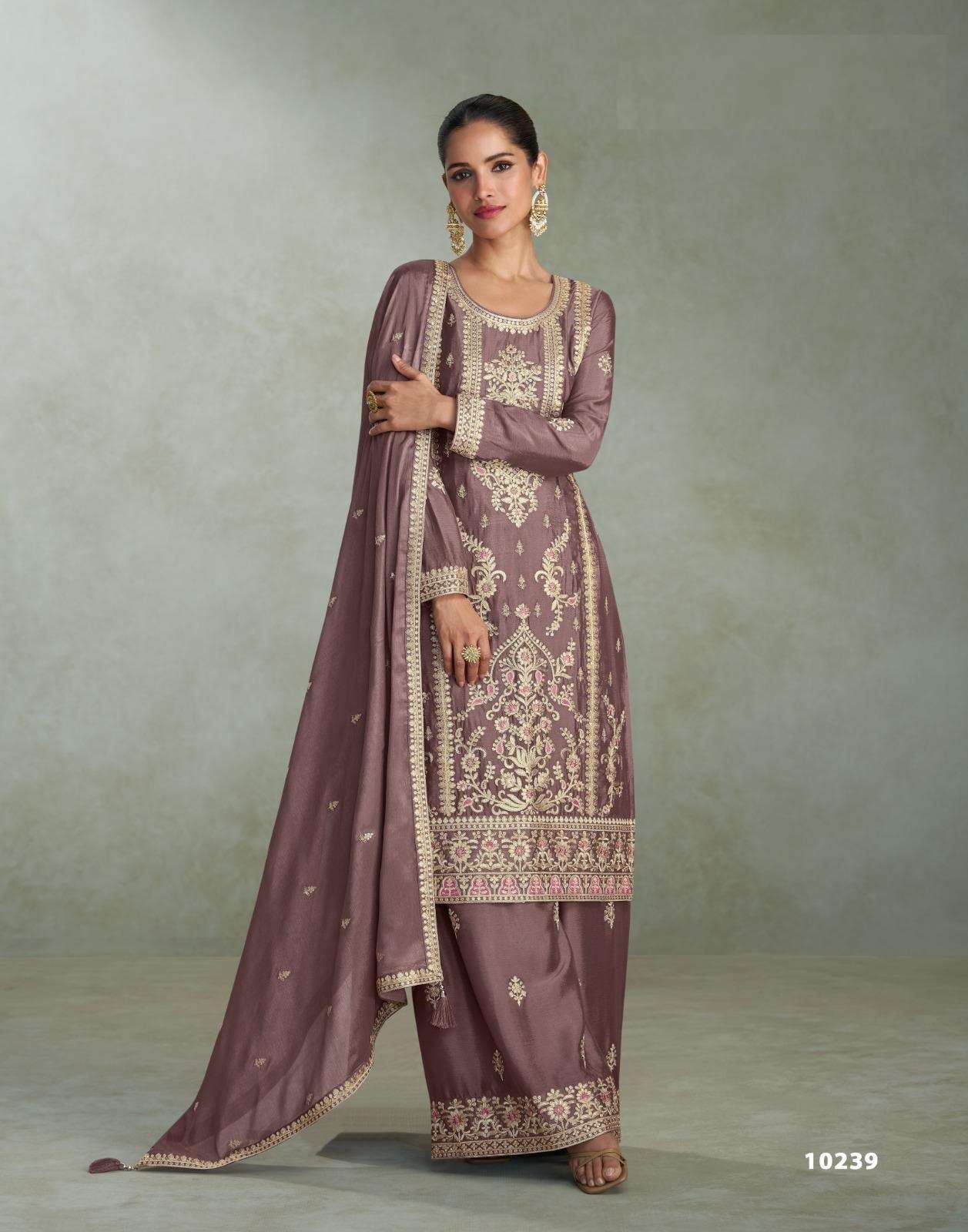 DESIGNER WEDDING PARTY WEAR REAL CHINON DEEP PINK SHARARA PALLAZO SALWAR SUIT AF MIRA 10239