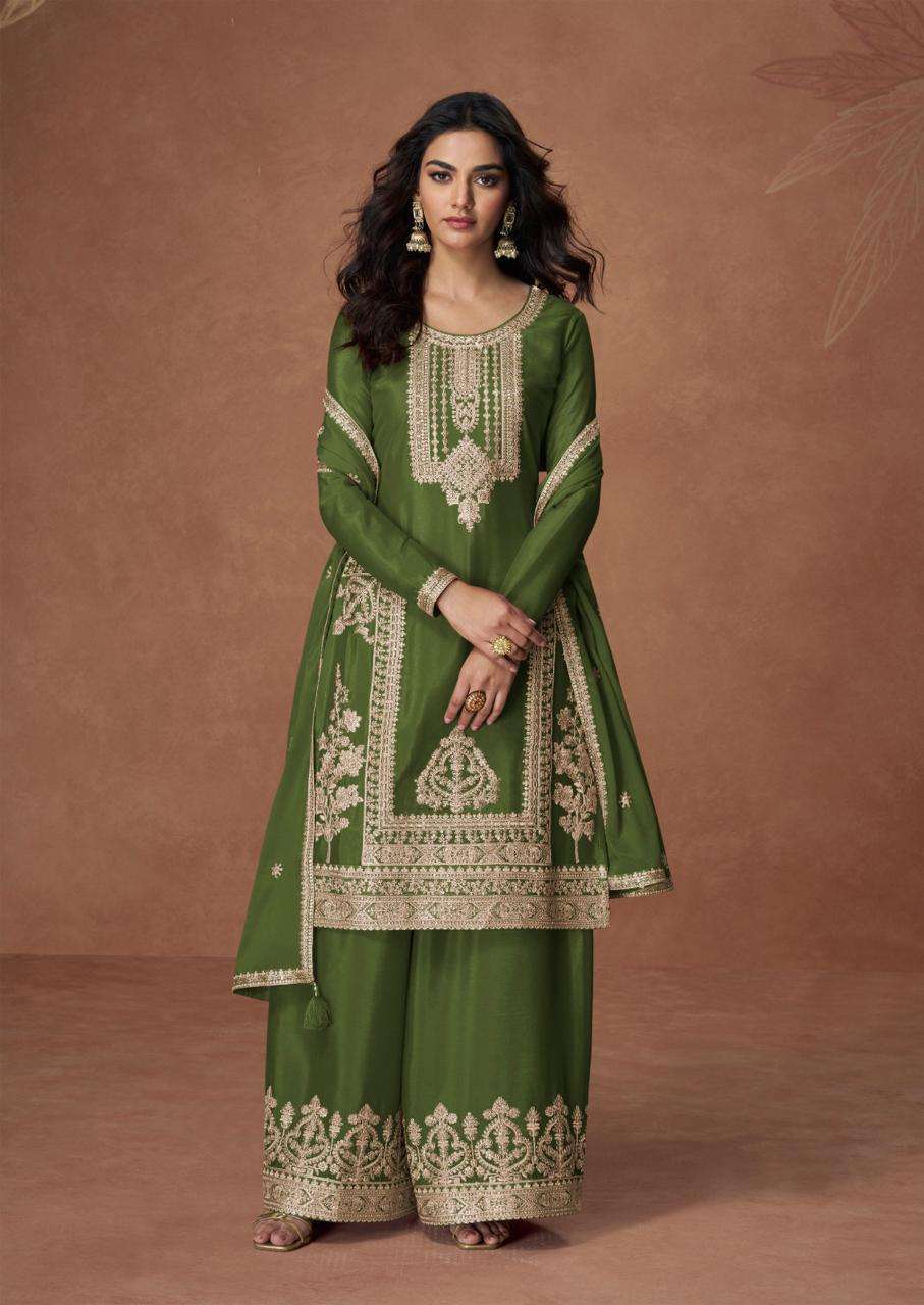 DESIGNER WEDDING PARTY WEAR REAL CHINON GREEN SHARARA SALWAR SUIT AF ANUPAMA 10258