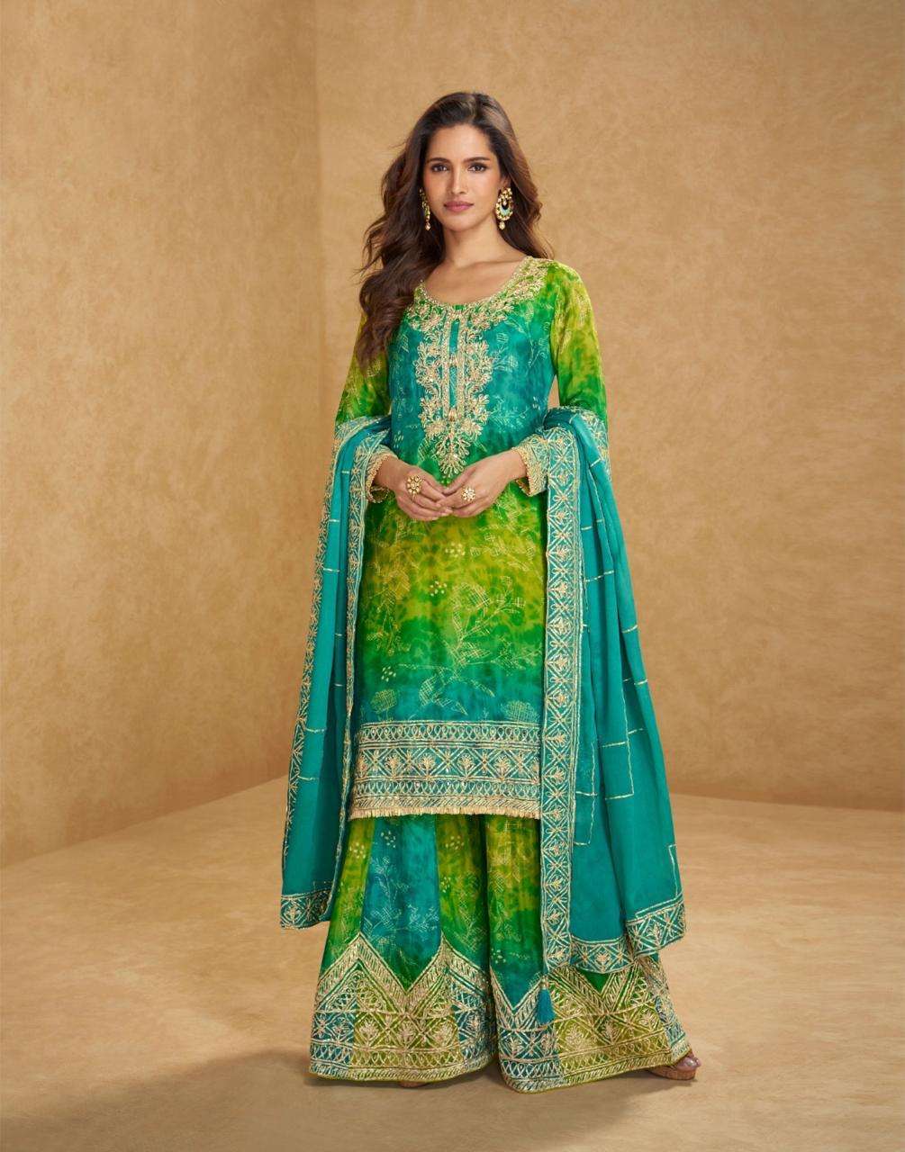 DESIGNER WEDDING PARTY WEAR REAL CHINON GREEN SHARARA PALLAZO SALWAR SUIT SY RANGEELA 5814