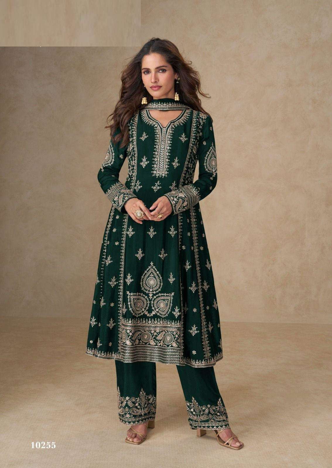 DESIGNER WEDDING PARTY WEAR REAL CHINON GREEN STRAIGHT SALWAR SUIT AF MUSKAN 10255