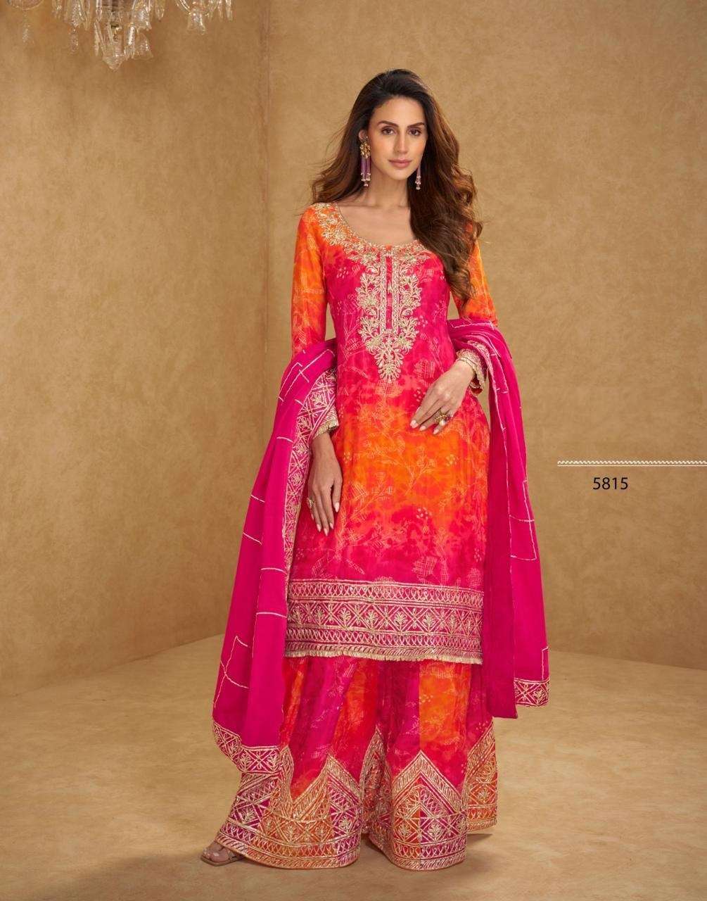 DESIGNER WEDDING PARTY WEAR REAL CHINON ORANGE PINK SHARARA PALLAZO SALWAR SUIT SY RANGEELA 5815