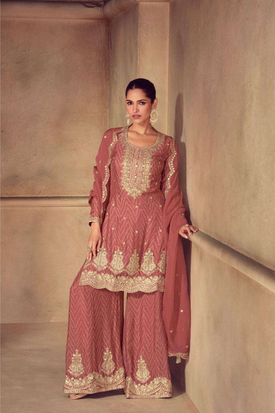 DESIGNER WEDDING PARTY WEAR REAL CHINON PEACH SHARARA SALWAR SUIT GL SONIKA 7551 A
