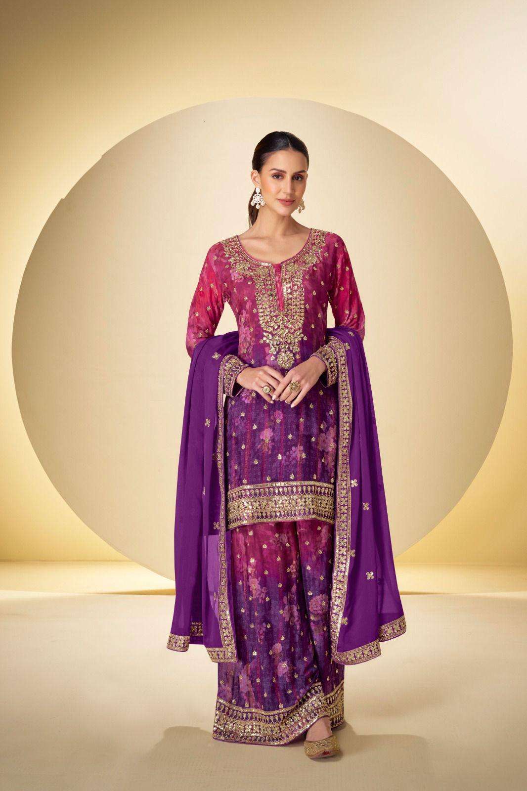 DESIGNER WEDDING PARTY WEAR REAL CHINON PINK PURPLE SHARARA PALLAZO SALWAR SUIT SY KANIKA 7598