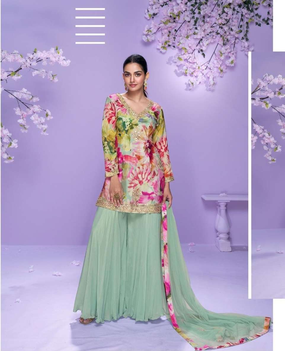DESIGNER WEDDING PARTY WEAR REAL CHINON PISTA GREEN SHARARA PALLAZO SALWAR SUIT SY VAANI 1004